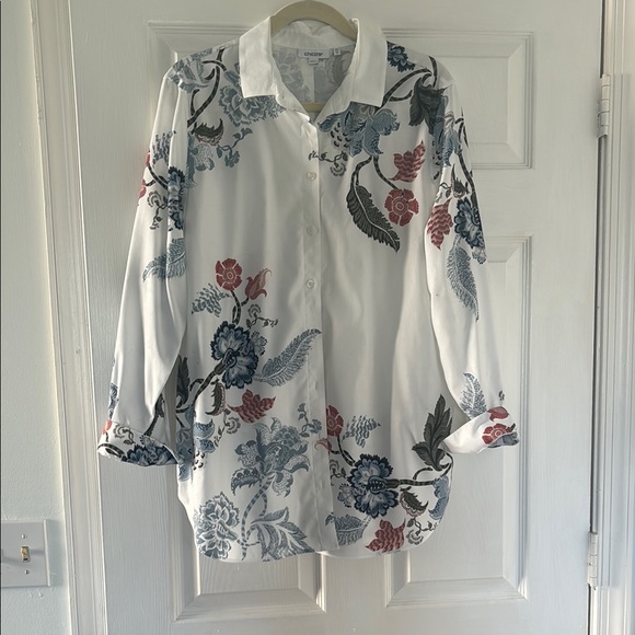 Chico’s White and Blue Casual Button Down Shirt with Floral Print - Picture 1 of 3